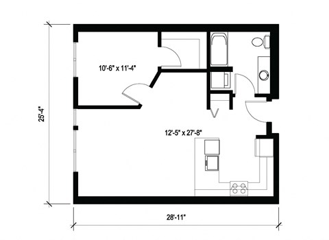 Floor plan for 1 bed, 1 bath, 690 sqft